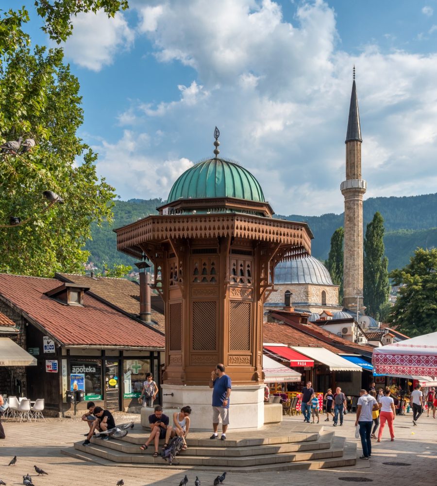 Bascarsija square with Sebilj wooden fountain in Old Town Sarajevo in Bosnia and Herzegovina